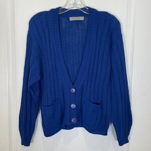 Vintage 80's Esprit Sport Cardigan Sweater Blue Preppy Twee Balloon Sleeves S